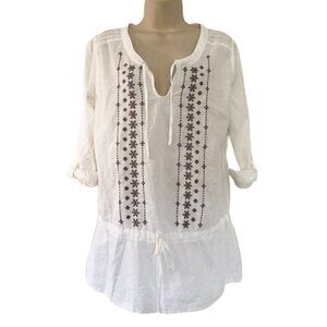 Prana White Embroidered Drawstring Waist Lightweight Tunic Top Sz Small